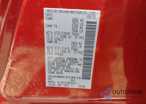 2013 Nissan Pathfinder Platinum z USA, uszkodzony, nr VIN 5N1AR2MNXDC659618